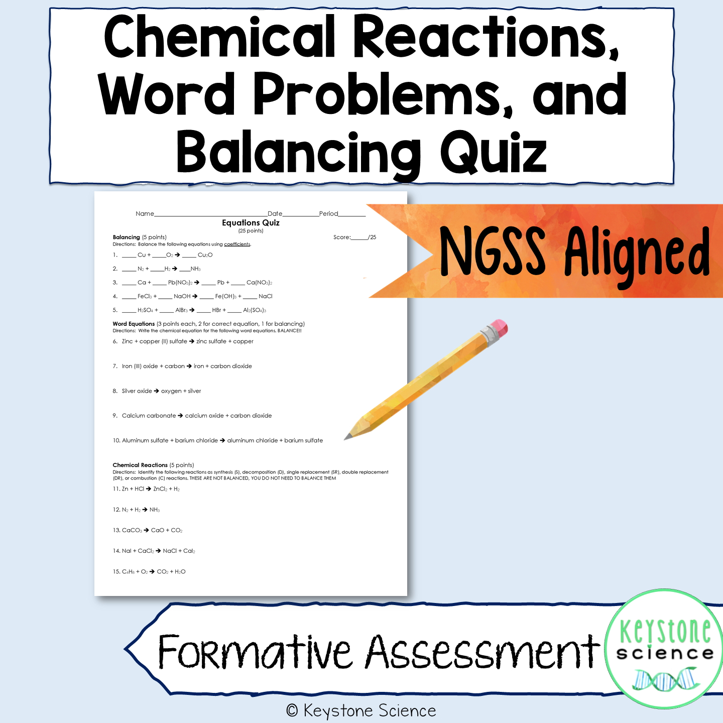 Chemistry Balancing Writing Equation Types Quiz with KEY