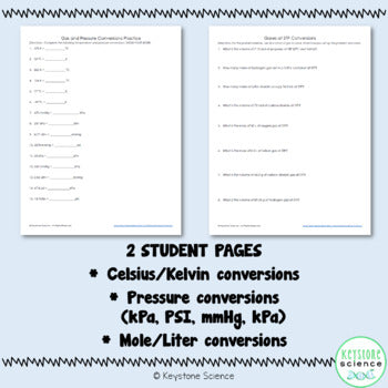 Pressure, Temperature, Mole, Liters Gas Laws Conversion Worksheet with Key