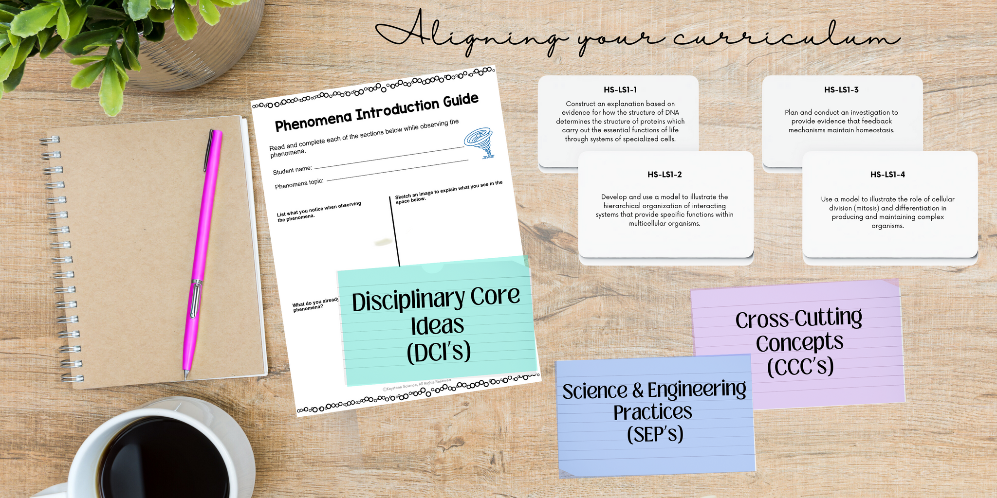 desktop showing the process of curriculum planning and aligning to the NGSS