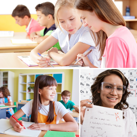 three images showing students sitting at a desk writing or reflecting, the third image shows a student with a smile on their face holding up a paper with A+ written on it