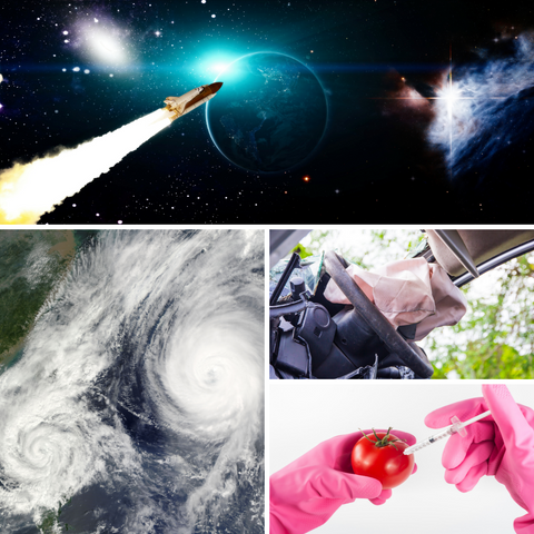 image of a space shuttle in space, a satellite image of two hurricanes, an image of a deployed air bag, and an image of two gloved hands holding a tomato and syringe
