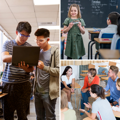 collage of students working together on computers or presenting in front of their peers