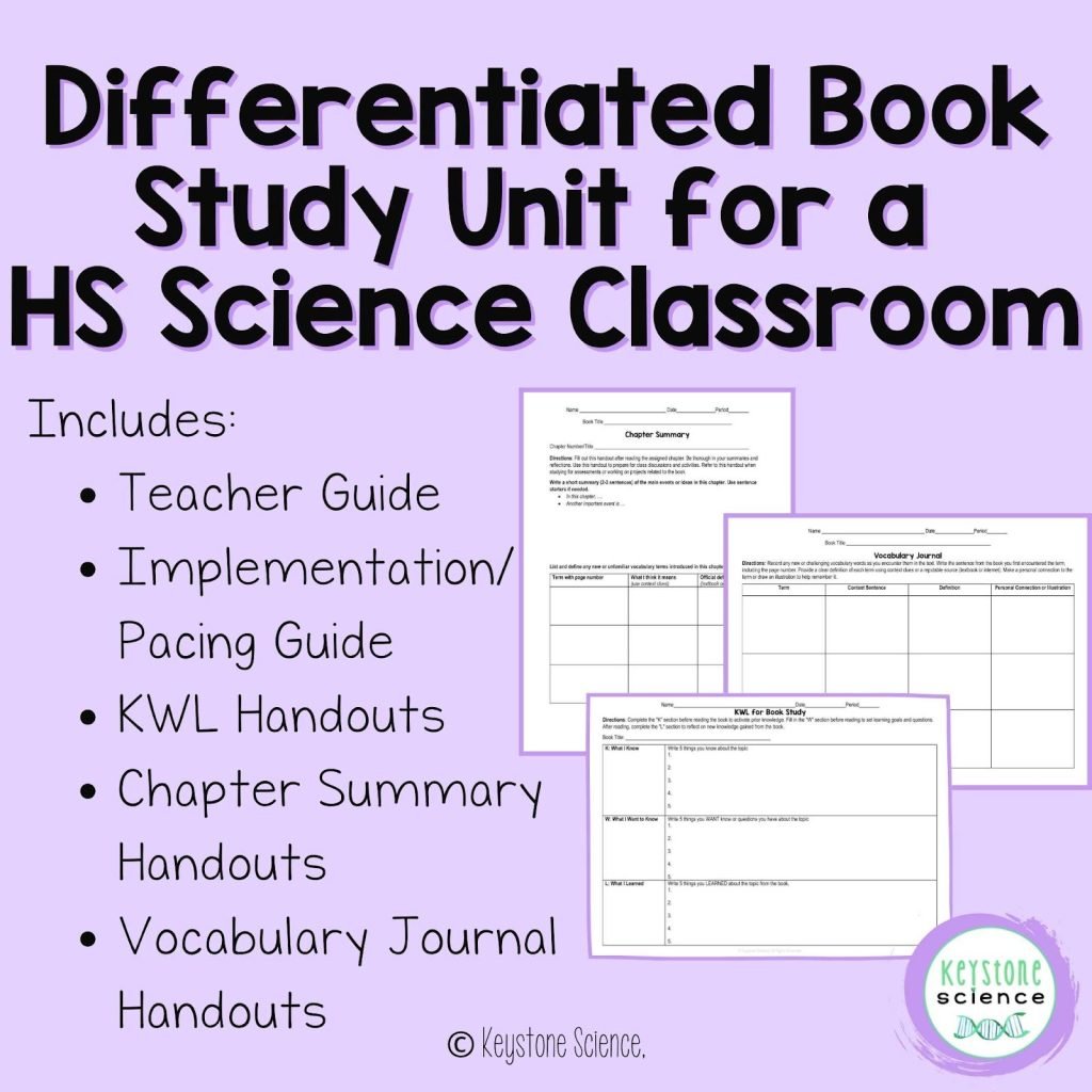 Differentiated book study for a high school science classroom. Includes teacher guide, implementation and pacing guide, KWL handouts, chapter summary handouts, vocabulary journal handouts. Image includes screenshots showing examples of the handouts.