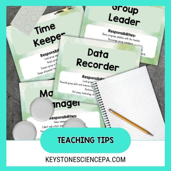 Image showing different lab role posters: time keeper, group leader, data recorder with the title Teaching Tips and the URL to the keystone science website.