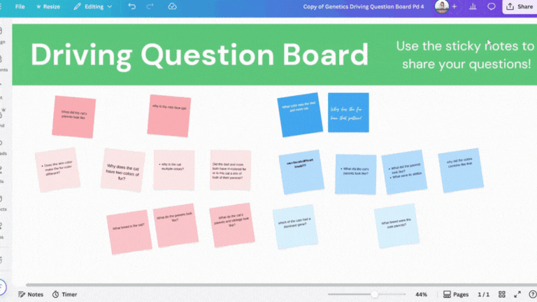 A gif animation of the auto-categorization of a driving question board using the Canva template