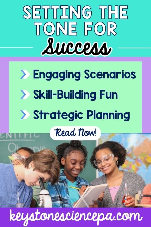Setting the tone for success during the first week of school by providing engaging scenarios, skill-building fun, and strategic planning with an image of students around a microscope and taking notes