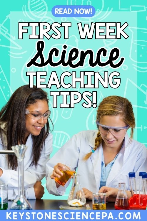First week of school in a science classroom with two students mixing chemicals in a flask