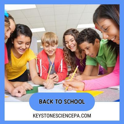 a header image with students circled around a piece of paper and writing. Blog category is Back to School and the URL for the Keystone Science website.